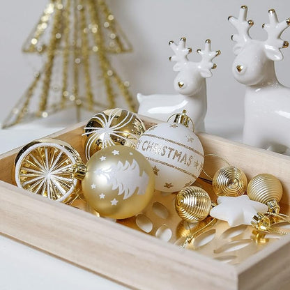 9 Weihnachtskugeln mit Aufhänger Gold Weiß Elegant