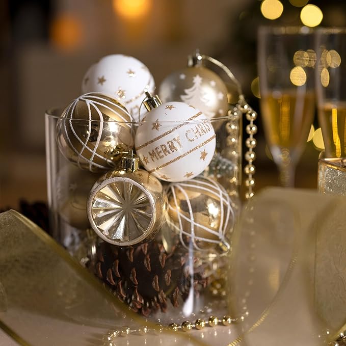 9 Weihnachtskugeln mit Aufhänger Gold Weiß Elegant